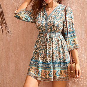 Button Through Drawstring Waist Floral A-Line Short Dress